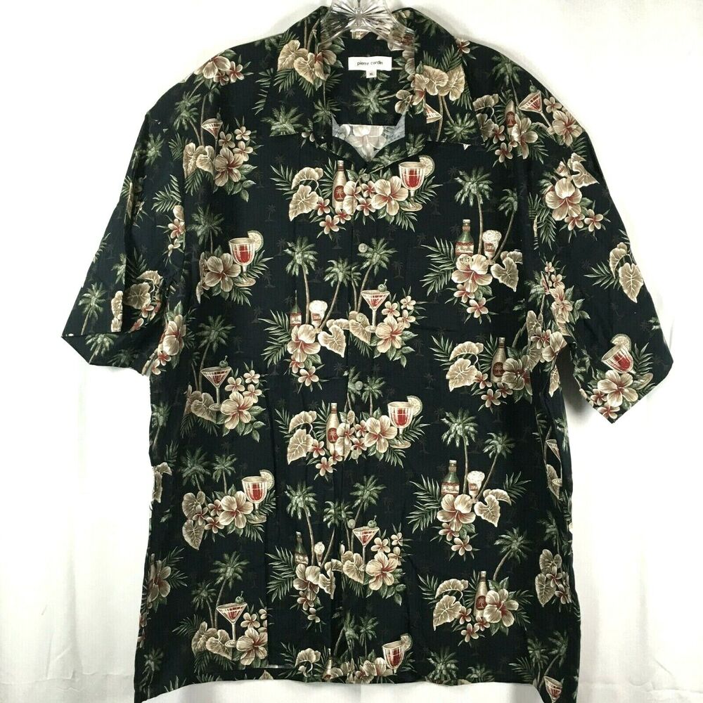 Pierre Cardin Shirt‎ Mens Sz XL Black Tropical Floral Hawaiian Cotton Button Up